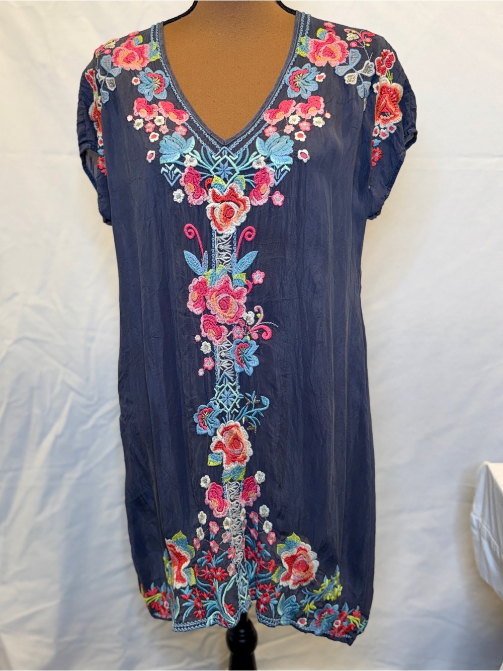 JOHNNY WAS Women’s Navy Blue Floral Embroidered Short-Sleeve Tunic Dress MEDIUM